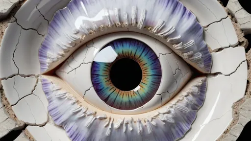 Prompt: white, cracked porcelain, a hole in the middle, the hole is the size of 1/3 of the picture. An eye can be seen from the hole, very detailed exciting unique multi colored iris, realistic, UHD, 4K, 8K, 3D rendering