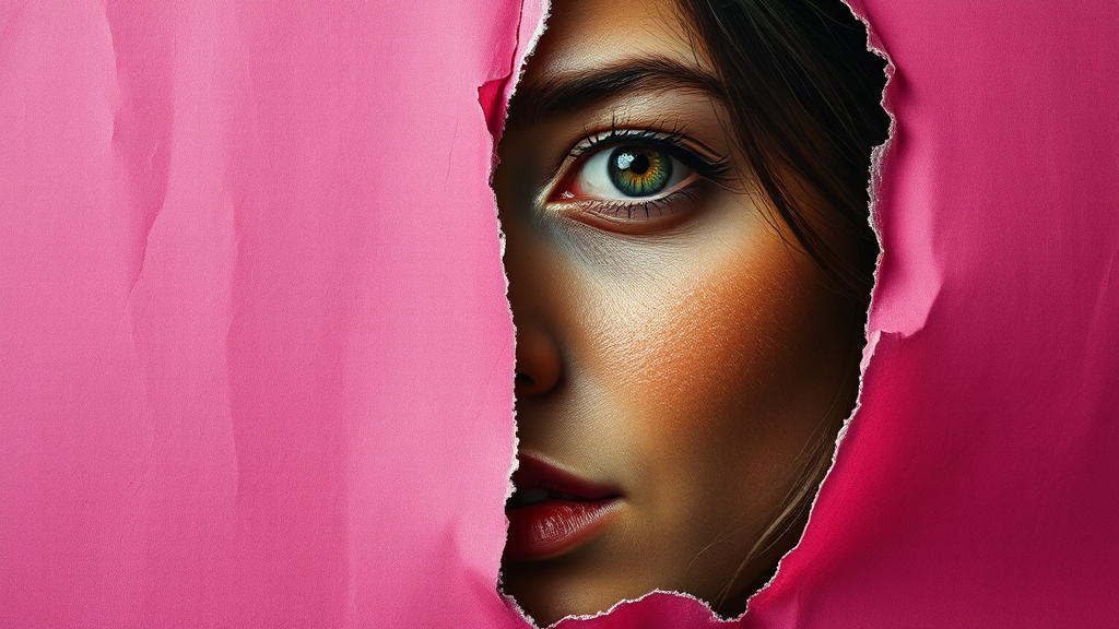 Prompt: hyperrealistic oil painting, a woman's half-face, intricately detailed textures, emotion of curiosity, torn magenta paper background, delicate shadows and highlights, vivid colors, soft focus effects for depth, extremely high quality, showcasing the layers of the torn paper, engaging composition that draws the viewer's eye to the peeking face. emotion through expressive facial features and depth of field that adds character.