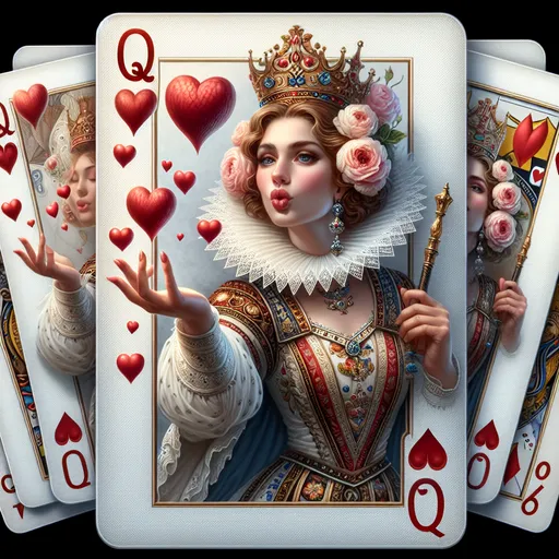 Prompt: a few cards, in the foreground the Queen of Hearts, a realistic woman's face is on the card, she stretches out a hand and blows hearts, with hearts on it and a queen and a queen, fantasy art, highly detailed digital painting, computer graphics