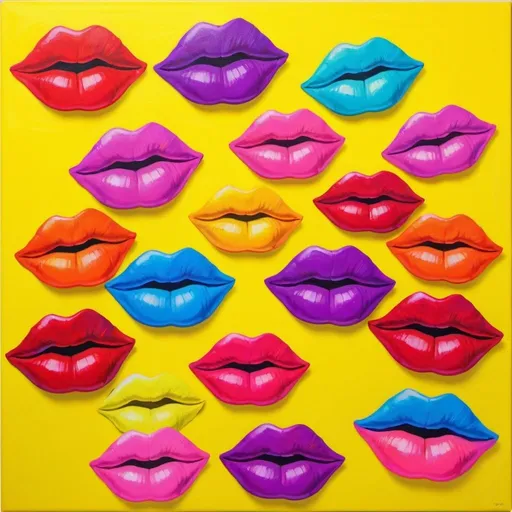 Prompt: a painting of a group of different neon colored lips on a yellow flat background, Bálint Kiss, pop art, color, a pop art painting