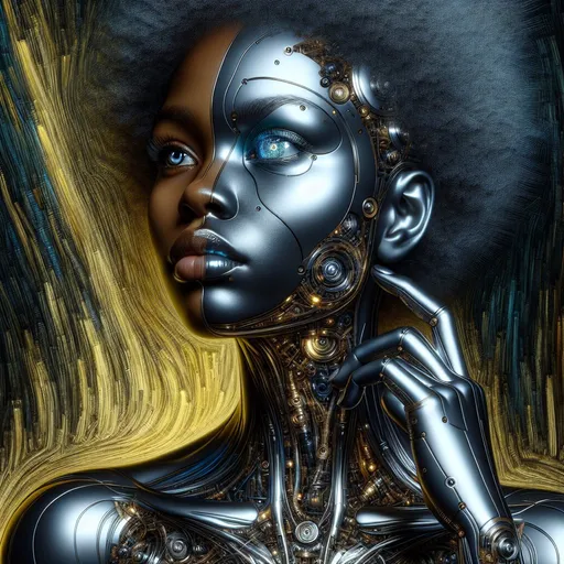 Prompt: a woman's body is futuristically transformed into a chrome-plated structure covered in wires. The left blue eye is shown in photo-realistic detail. the right eye futuristic. It is surrounded by silver and gold detailed small shapes against an abstract background that depicts dark yellow tones as dripping paint