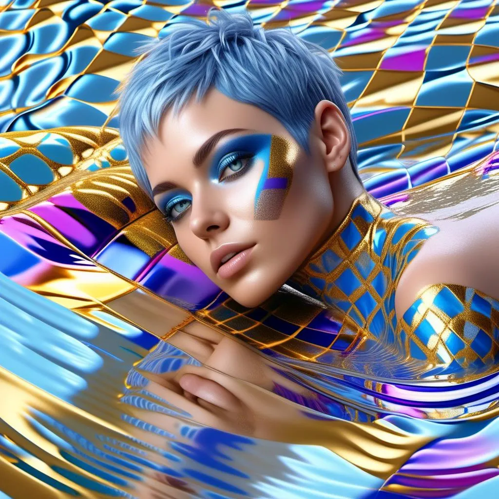 Prompt: silver-gold checkered thick liquid.
A beautiful, glamorous woman with short blue hair and blue eyes lets you float horizontally on her back in the waves. The woman has silver and gold striped skin on her body and face. they are just parts of the body

Hyper-detailed, ultra-sharp octane rendering, 3D illustration<mymodel>