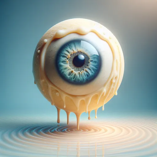 Prompt: Floating vanilla ice cream sphere, slight dripping on the edge, detailed illustration of the human eye in blue inside the ice sphere, smooth pastel gradients in the background, high quality, detailed, pastel tones, surreal, detailed eye, floating design, artistic, dreamy lighting