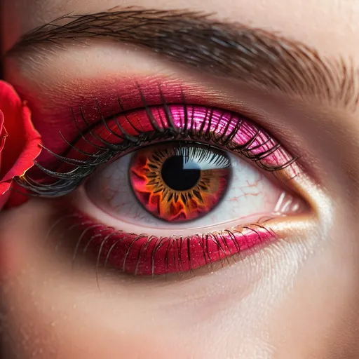 Prompt: 64k, highest resolution, perfection, HDR, 3D, full frame woman's eye, macro, detailed iris looks like a red rose, the makeup is matching the iris, perfect makeup, woman's eye, realistic, detailed eyes, perfect lighting , high quality