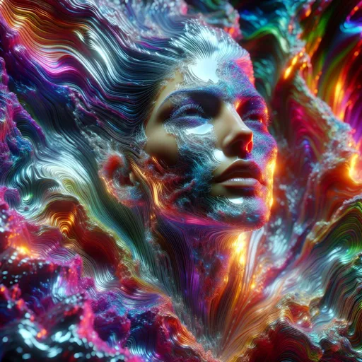 Prompt: Woman's face emerging from holographic sharp colors liquid, 3D rendering, ultra-detailed, high-quality, detailed, liquid simulation, intricate facial features, high contrast, dramatic lighting, background holographic sharp colors liquid sea