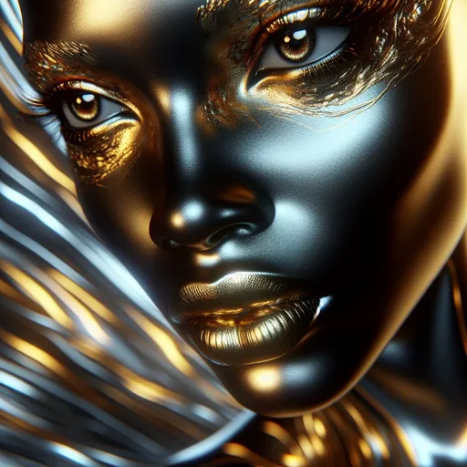 Prompt: gold silver-colored with a black woman face, 4k, open eyes, artistic, impressive, beautiful, high contrast, striking shadows, 3D rendering, vibrand silver gold colors explosion, detailed lines, gold sheen, high-quality, stunning visual, intense gaze, surreal atmosphere, metallic tones, dynamic poses