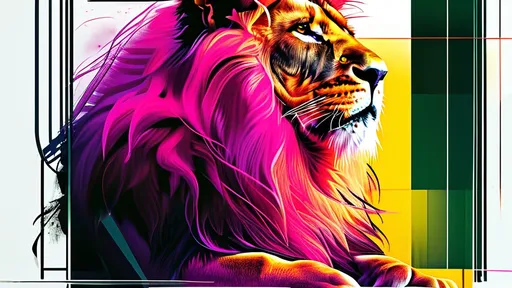 Prompt: (abstract digital image), silhouette of a sitting roaring lion with magenta mane, luminous lines, (vibrant shades of yellow, magenta, green), dynamic movement, flowing contours, energetic design, minimalist white background, glowing effect, high contrast, ultra-detailed, visually striking, modern composition, captivating curves, intricate linework, digital artistry.