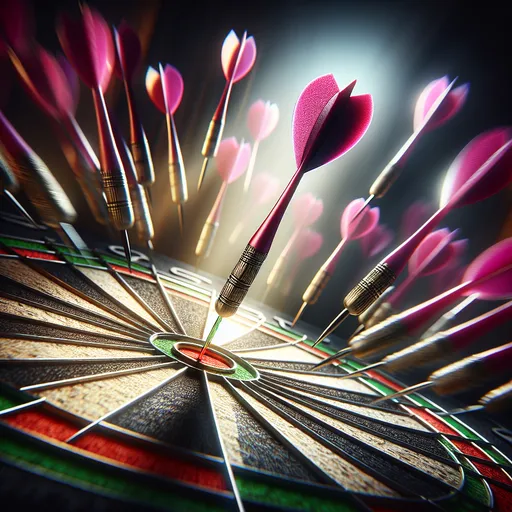 Prompt: (close-up of a dart hitting a magenta  bulls-eye), dart board in sharp focus, other colorful darts blurred in the background, (objective abstraction), high-quality stock photo, crisp detail, dynamic composition, soft lighting revealing textures, vibrant colors contrasting with smooth surfaces, intense moment captured, sharp clarity, ultra-detailed appearance, professional photography style.