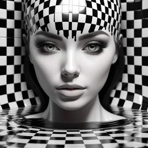 Prompt: Half of a white and black checkered woman's head with open eyes emerges from the checkered white and black liquid.
Ultra detailed, high quality detailed full body 3D rendering