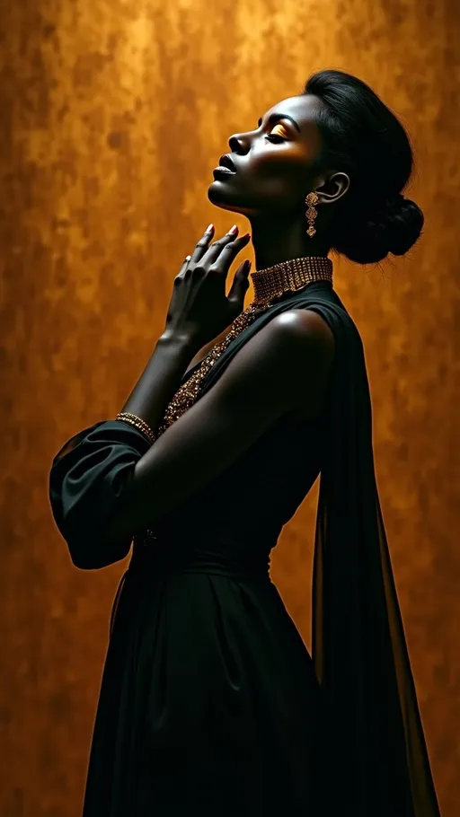 Prompt: (woman in elegant black attire), (gold makeup accentuating features), (matte black skin), lifting her chin confidently, gazing upwards, against a rich, exuding an aura of mystery and strength, highlighting contrasts with shimmering golden details, ultra-detailed, high quality, dramatic lighting to enhance depth and atmosphere.