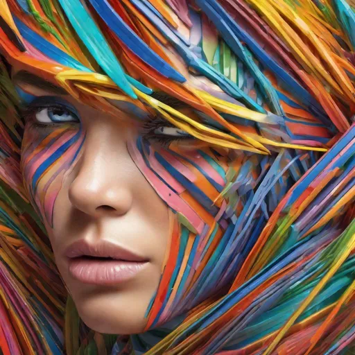 Prompt: Realistic, Detailed, Beautiful colorful women head Portrait, different colorful stripes in the Skin, detailed lightening eyes, Intricately Structured, grass, Surreality, Hyper Detailed, Ultra Sharp 3D Rendering, Focus Face, Top Shot