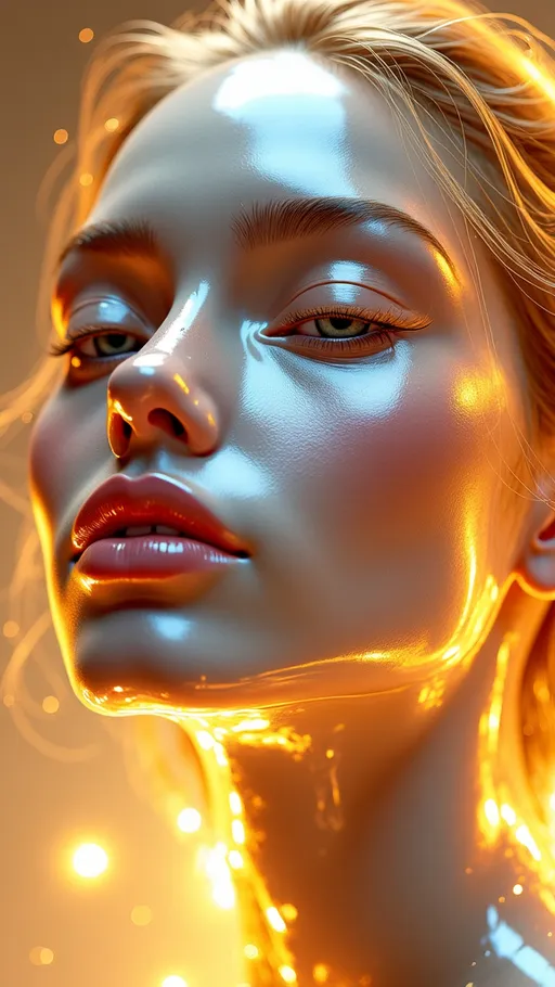 Prompt: (3D female face), symmetrically centered, (vibrant) shimmering gold and silver hues, transparent elements flowing gracefully, captivating facial features, smooth contours, artistic play of light and shadow, striking reflections, modern design aesthetic, ethereal background enhancing spatial depth, ultra-detailed, high quality, visually stunning, scintillating ambiance.