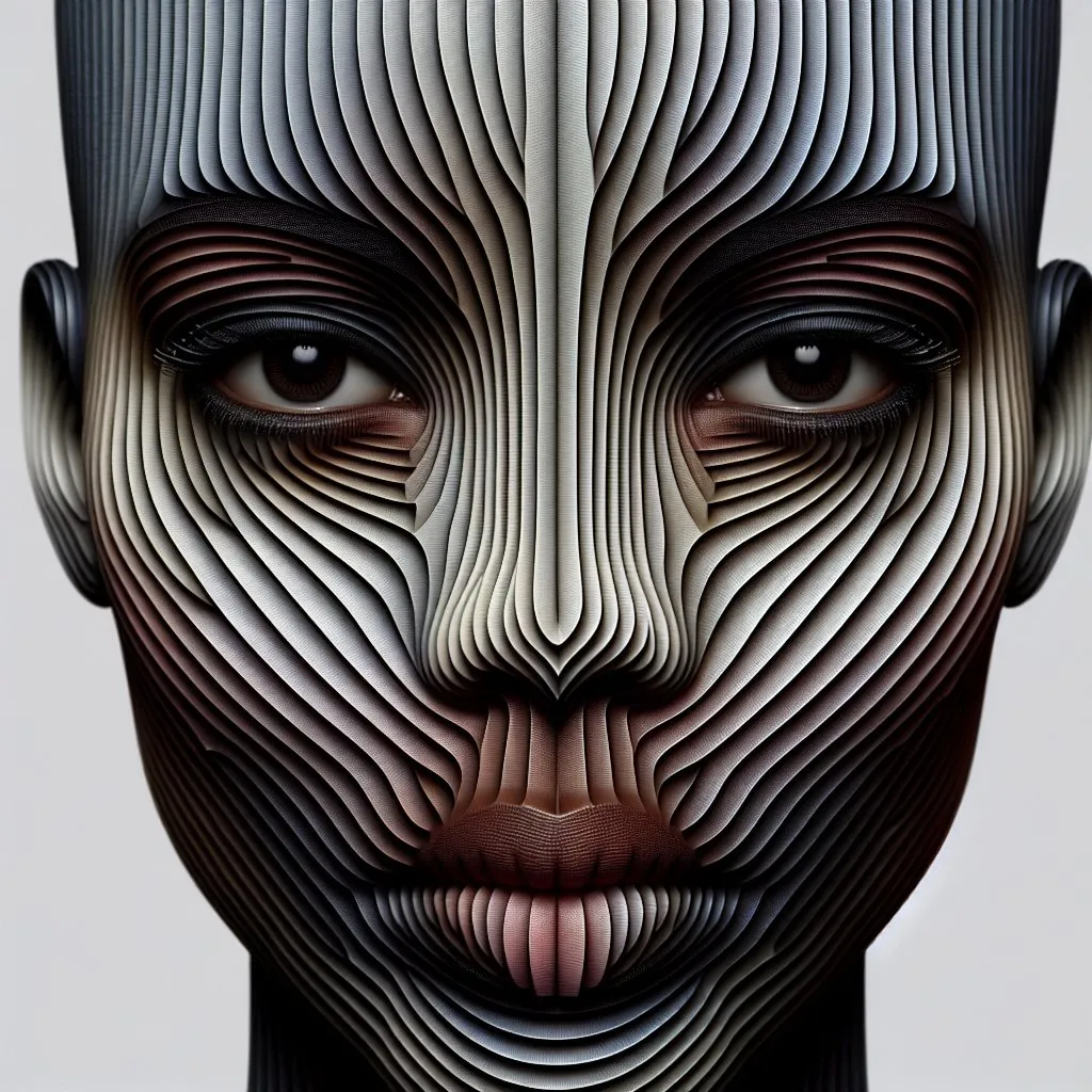 Prompt: Face of a woman, depicted in great detail, the face is vertically divided into many slices that lie slightly offset one on top of the other