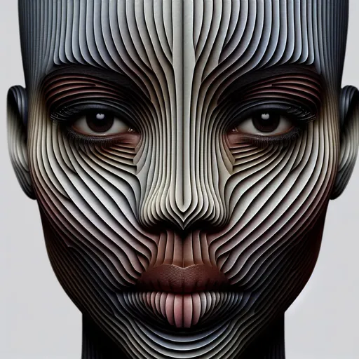 Prompt: Face of a woman, depicted in great detail, the face is vertically divided into many slices that lie slightly offset one on top of the other