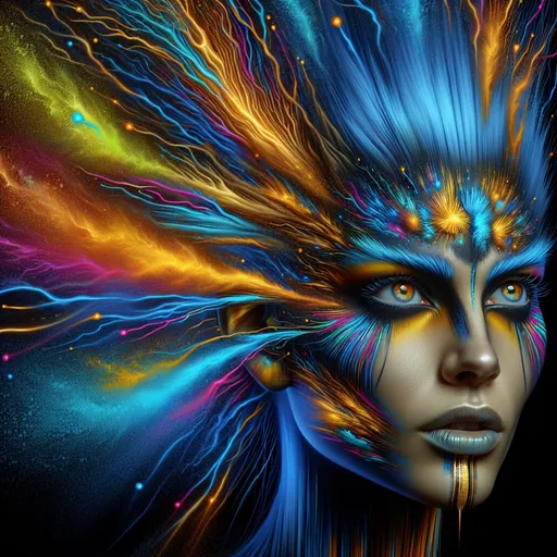 Prompt: Woman with blue and gold skin on face, weird hair, exploding colorful head, colorful burst, open detailed eyes, airbrush painting, highres, detailed, neo-primitivism, biopunk, neon colors, surreal, airbrushed details, abstract, professional, vibrant lighting