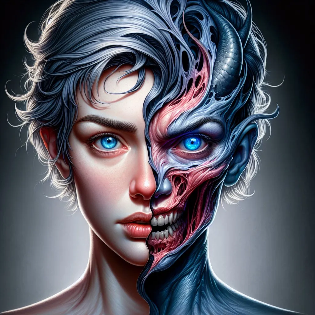 Prompt: Detailed  female body, from the split head comes a demonic figure. detailed loving face, short blue tousled hair, detailed blue eyes, surreal and mysterious, high resolution, complex digital art, surrealism, cool tones, dramatic lighting, detailed facial features, realistic shadows, artistic, surreal, mysterious, high quality, detailed,, cool tones lighting, complex design