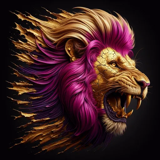Prompt: realistic roaring lion with magenta mane coming out of cracked golden skin  body