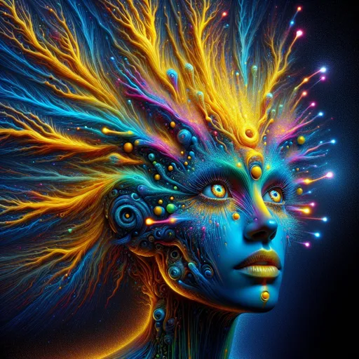 Prompt: full body Woman with blue and gold skin on face and body, weird hair, exploding colorful head, colorful burst, open detailed eyes, airbrush painting, highres, detailed, neo-primitivism, biopunk, neon colors, surreal, airbrushed details, abstract, professional, vibrant lighting