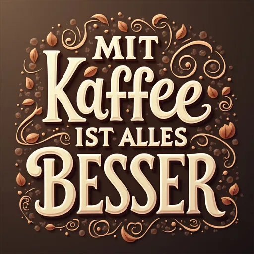 Prompt: (accurately spelled text "MIT Kaffee IST ALLES BESSER"), (whimsical coffee-inspired lettering), rich brown hues, creamy beige accents, inviting aroma of coffee, warm and cozy ambiance, intricate swirl patterns, blurred cafe background, playful and artistic font style, rich textures, high quality, intricate details, (sophisticated beverage theme), captivating design, ultra-detailed.