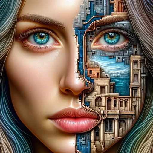 Prompt: Facial portrait of a woman, blue eyes depicted in great detail, sensual look, mouth and nose can be seen, long blue flowing hair. Parts have been broken out of the skin, and buildings from various ancient eras are shown in detail in the holes
   very detailed, realistic 