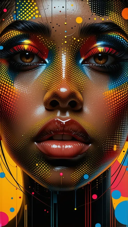 Prompt: (dynamic woman's face), (symmetrically arranged dots), vibrant colors, striking contrasts, energetic movement, visually engaging composition, clean lines, modern artistic style, high depth cinematic masterpiece, captivating visual rhythm, intriguing abstract depiction, eye-catching detail, 4K ultra-detailed, expressive features, playful interpretation of beauty.