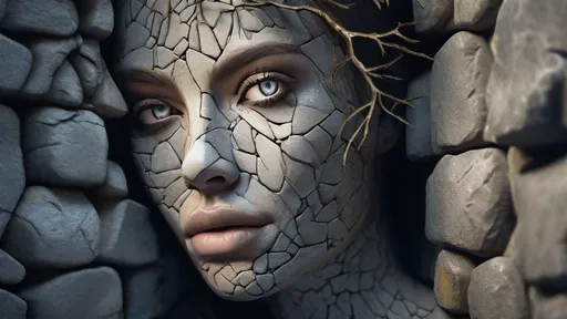 Prompt: Realistic, detailed, beautiful, woman's portrait, the woman's body is embedded in a stone wall, her body can be seen, a fusion of the woman and the stone wall, detailed glowing eyes, intricately structured, her skin looks like the stone of the wall, hyper detailed , ultra-sharp 3D rendering, the whole tree can be seen, focus face,