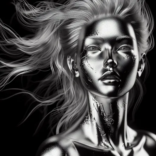 Prompt: silver-colored with a monochrome full body woman, 4k, open eyes, artistic, impressive, beautiful, high contrast, striking shadows, 3D rendering, vibrand silver colors explosion, detailed lines, silver sheen, high-quality, stunning visual, intense gaze, surreal atmosphere, silver tones, dynamic poses