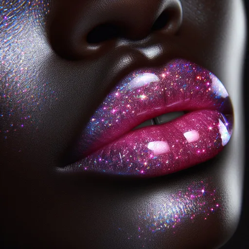 Prompt: Close-up of a black woman's lips, a lot of glitter on the lips, pink lipstick, clear skin, face without glitter, holography, mother of pearl, hologram, high level of detail, glamorous, holographic style, vibrant pink tones, shimmering lighting