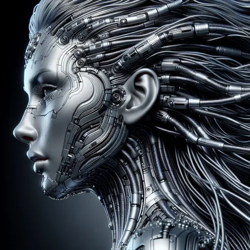 Prompt: digital picture of a woman, silver skin, full body, open eyes, wires instead of hair connected to devices, sideview, dark silver and dark black, UHD image, careful detail work, sculptural expression, futuristic technology, high-tech wires, detailed facial features, immersive environment, dark and moody lighting, ultra-high definition, realistic, sculptural expression, futuristic technology, dark tones, immersive environment