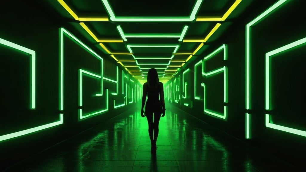 Prompt: Silhouette of a woman walking through a neon-lit labyrinth tunnel, green and yellow neon lights, labyrinth representation on all walls, ceiling, and floor, realistic 3D rendering, high quality, futuristic, cyberpunk, mysterious atmosphere, intense shadows, atmospheric lighting, professional