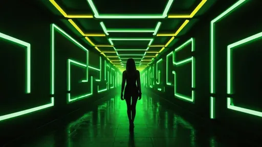 Prompt: Silhouette of a woman walking through a neon-lit labyrinth tunnel, green and yellow neon lights, labyrinth representation on all walls, ceiling, and floor, realistic 3D rendering, high quality, futuristic, cyberpunk, mysterious atmosphere, intense shadows, atmospheric lighting, professional