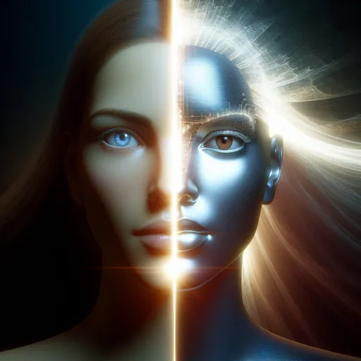 Prompt: a female head is split in the middle, on the left half is a light-skinned blue-eyed woman, on the right half is a dark-skinned brown-eyed woman, the two halves of the body fall apart, a bright light comes out of the gap, detailed, professional, futuristic lighting. 4k, artistic, impressive, beautiful, high contrast, expressive representation, enigmatic atmosphere, high resolution, detailed, mysterious, abstract, surreal, enigmatic, intricate details, ethereal, emotional, minimalist, deep shadows