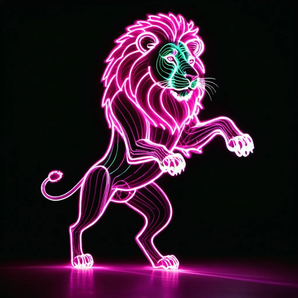 Prompt: a perfect light drawing of a leaping jumping lion, where creativity is fused into a dazzling, exciting display. The lion's form is outlined with neon magenta light, its interior has a green glowing structure that constantly shifts and rearranges. Its body is translucent, revealing its inner workings. The eyes are bright magenta lasers that scan the environment with intelligent, almost playful curiosity. The legs are made of flexible, segmented light rods that allow for agile and fluid movements. This light drawing captures the essence of an imaginative lion.