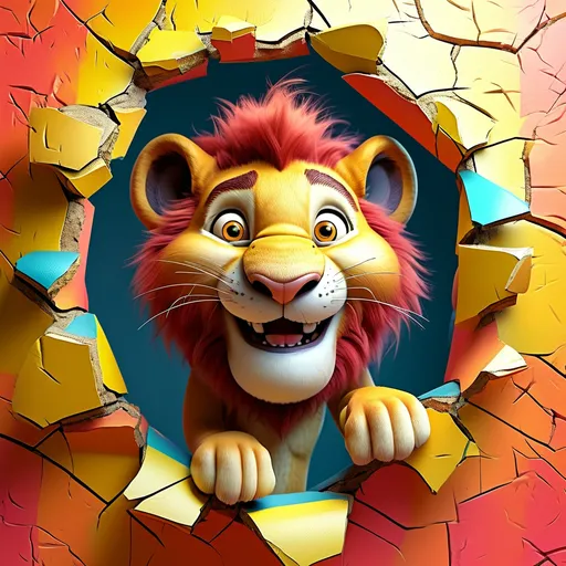 Prompt: funny cartoon lion breaking through a colorful wall, big smile, big eyes, cracked wall, (vibrant colors), (high quality), detailed, playful expression, exaggerated features, (dynamic lighting), (dynamic composition), lively atmosphere, whimsical mood, ultra-detailed background, HD, cinematic shadows, bright highlights