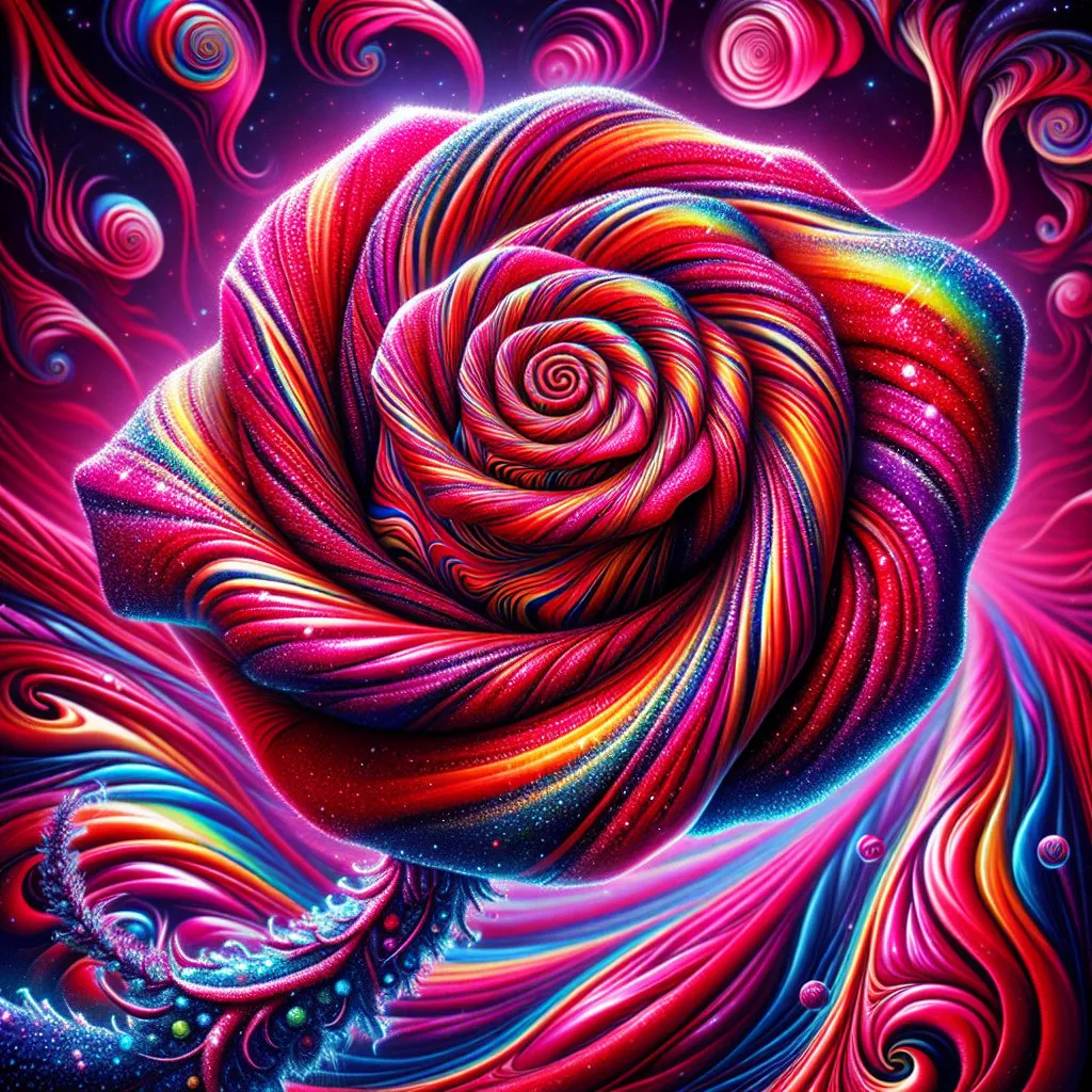 Prompt: a red rose as a psychedelic spiral, the spiral forms the bloom, swirling spiral pattern in vivid hues, detailed features, high contrast, high saturation, trippy, hypnotizing, glittery details, shiny surface, surreal, fantasy, best quality, high resolution, ultra detailed, surreal, psychedelic, hypnotizing spiral, vivid colors, high contrast, high saturation, fantasy lighting