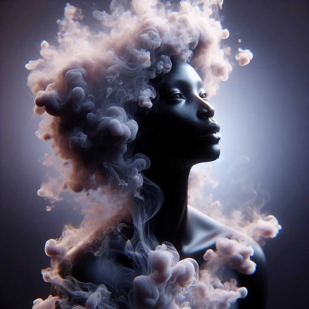 Prompt: Sculpture of a black woman made of a glowing smoke, ethereal and delicate, glowing smoke forming a woman with open eyes, transparent and airy, high quality, mystical, surreal, open eyes, delicate shapes, translucent, artistic representation, soft lighting, pastel tones, detailed plumes, artistic, dreamy, fleeting, elegant