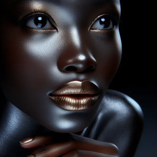 Prompt: a black woman with a absolute silver shiny reflective skin,  dark background excitingly discreetly lit, lightening black eyes, she lifts her chin and looks forward up, gold lipstick, realistic, detailed image, high resolution,
