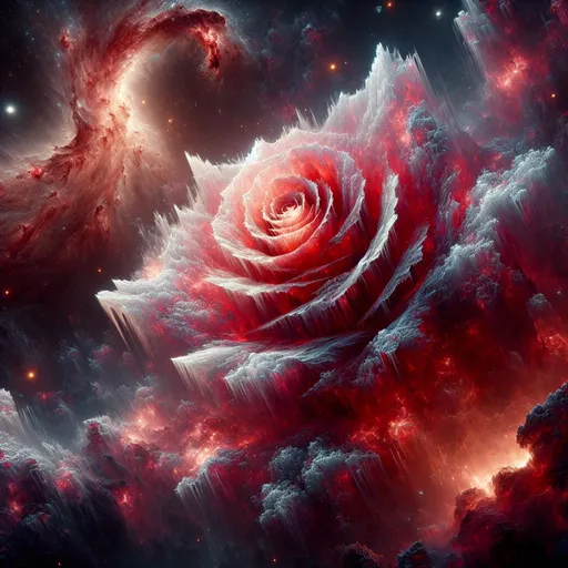 Prompt: a frozen cosmic rose, the petals glittering with a crystalline shimmer, swirling nebulae, 8k Unreal Engine photorealism, ethereal lighting, red, night, darkness, surreal art