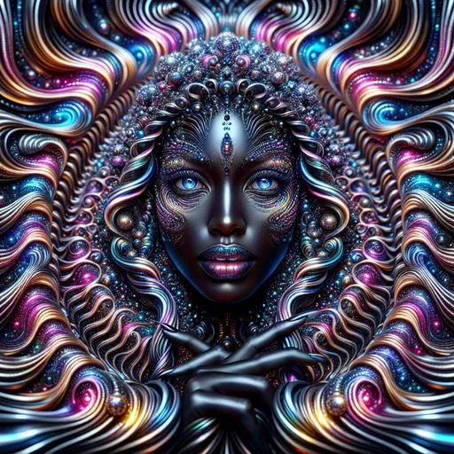 Prompt: Psychedelic spiral in metallic colors depicting a black woman full body, swirling spiral pattern in vibrant metallic shades, detailed feminine features, high-contrast, high-saturation, trippy, open eyes, mesmerizing, metallic color palette, glittering details, glossy finish, surreal, fantasy, kaleidoscopic, best quality, highres, ultra-detailed, surreal, psychedelic, glossy metallic, mesmerizing spiral, vibrant colors, detailed feminine features, high-contrast, high-saturation, fantasy lighting