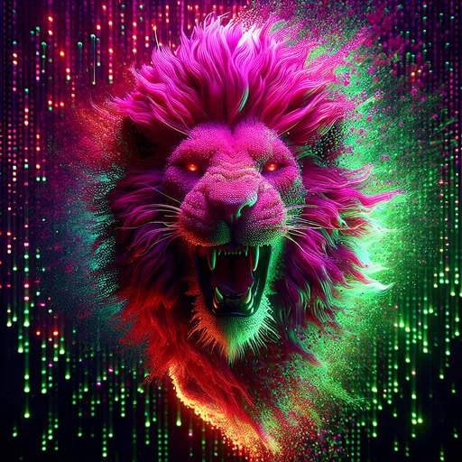 Prompt: 3D body of a roaring jumping lion with magenta mane emerging from a green and magenta dotted matrix, detailed eyes, bright colors, high quality rendering, looking to front, surreal, digital art, intense lighting, fiery hues, detailed features, futuristic, abstract, surreal, 3D rendering, variable hues, high energy, dynamic composition