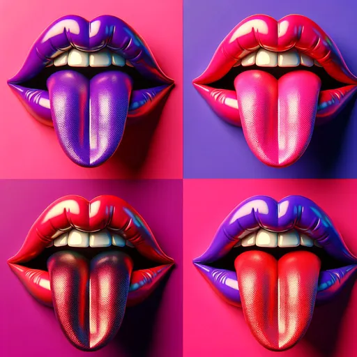 Prompt: 4 evenly arranged 3D rendering lips, each in a different color, with red tongues sticking out, pop art style, magenta background, vibrant colors, high quality, detailed rendering, pop art, 3D rendering, vibrant colors, tongues sticking out, evenly arranged, high quality