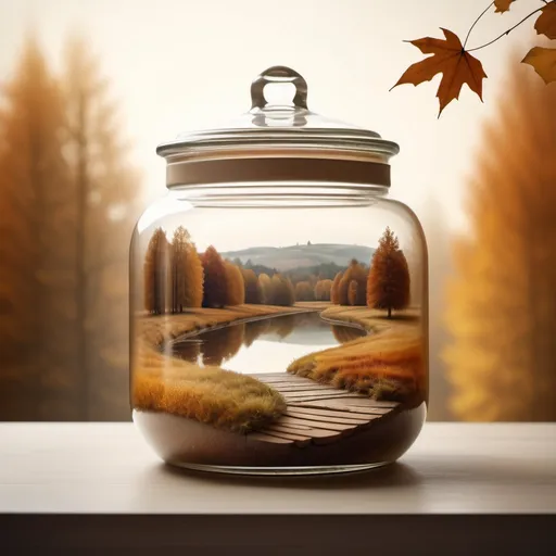 Prompt: Glass jar with lid (filled with an autumn landscape). The glass jar takes up the majority of the image. Background neutral color matching, reflected light, warm earth tones, organic textures, soft light, delicate condensation details on the glass, inviting atmosphere, minimalist and charming, high quality image, ultra-detailed, 4K.