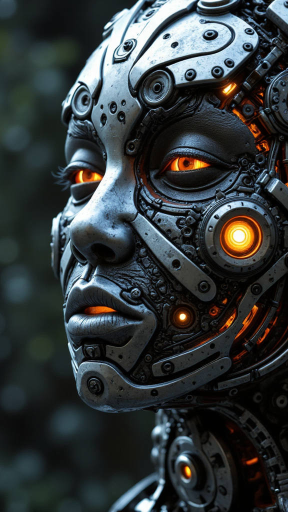 Prompt: (mechanical 3D face), intricate details of gears and springs, realistic metallic textures, complex layering, dramatic high contrast lighting, industrial aesthetic, futuristic vibe, visually striking, hyper-realistic, ultra-detailed design, providing a sense of depth and intricacy, showcasing the fusion of art and technology in a mesmerizing way, 4K.