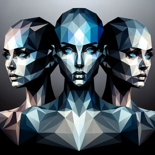 Prompt: Silhouette of 3 polygonal women, 4k, multi metal colored, open blue eyes, artistic, impressive, beautiful, polygonal design, high contrast, striking shadows, modern art