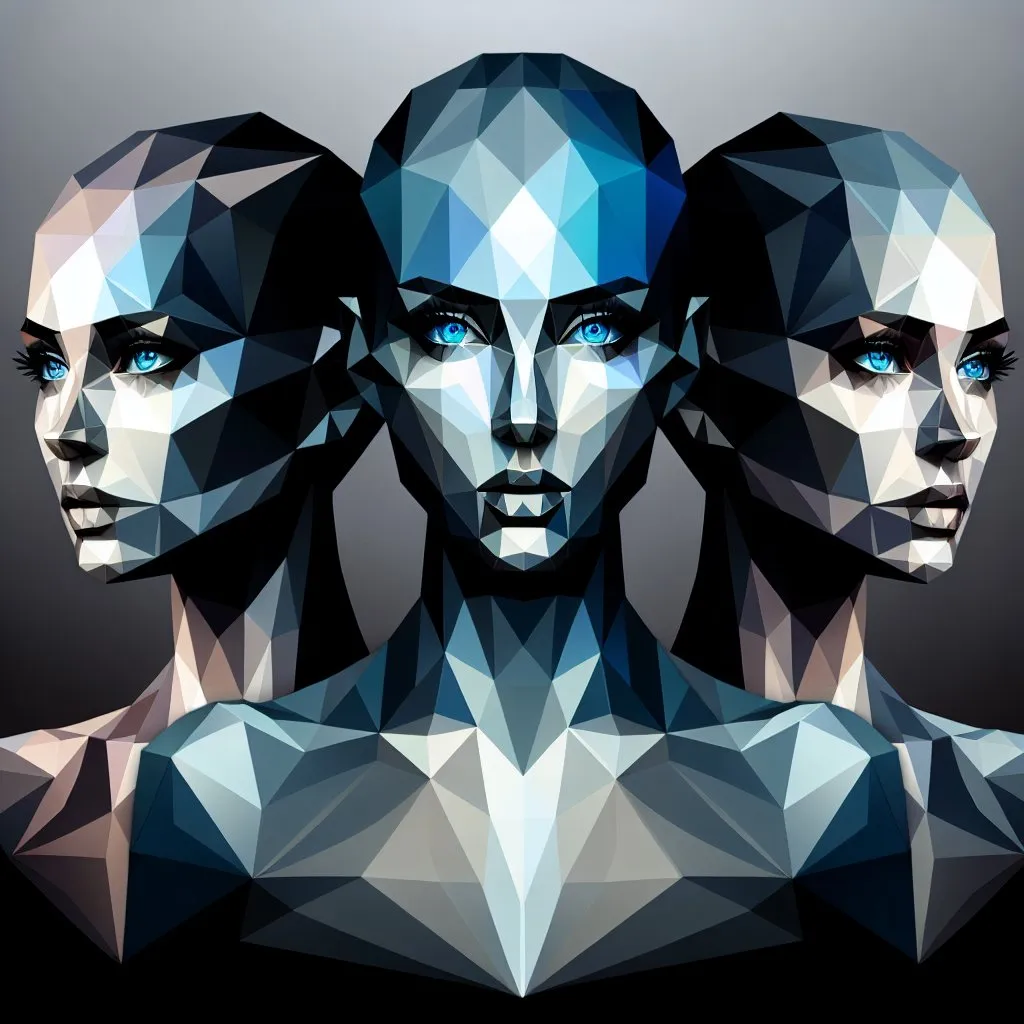 Prompt: Silhouette of 3 polygonal women, 4k, multi metal colored, open blue eyes, artistic, impressive, beautiful, polygonal design, high contrast, striking shadows, modern art