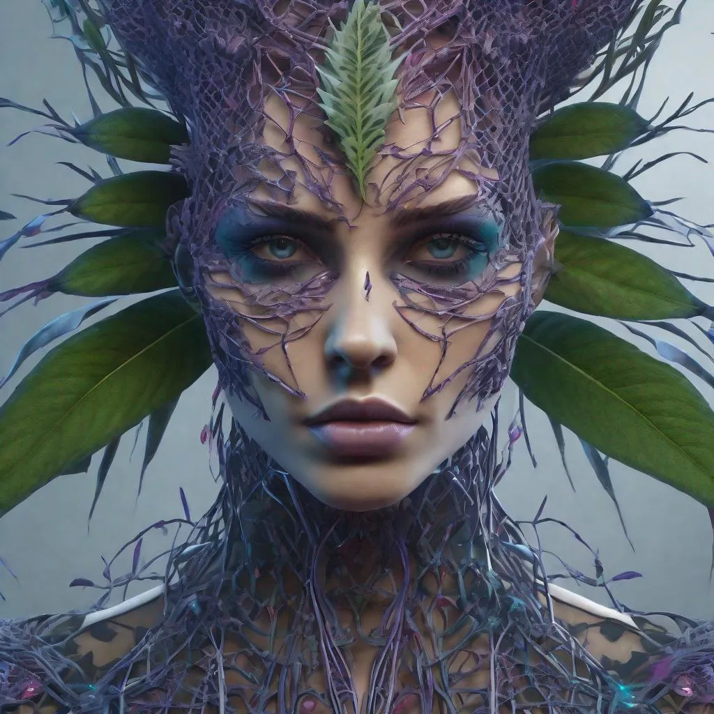 Prompt: Realistic, Detailed, Beautiful colorful full body Portrait, Gothic, Mesh, Intricately Structured, detailed lightening eyes, Unknown Plants, Biodiversity, Surreality, Hyper Detailed, Ultra Sharp 3D Rendering