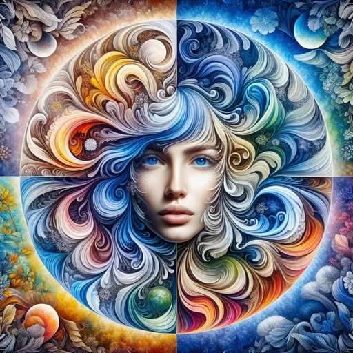 Prompt: 4 seasons, spring, summer, autumn and winter, a woman's face with blue eyes and tousled short blue hair is in the center, the 4 seasons are shown around her. 4k, artistic, impressive, beautiful, high contrast, expressive representation, high resolution, detailed, abstract, surreal, intricate details, ethereal, emotional,