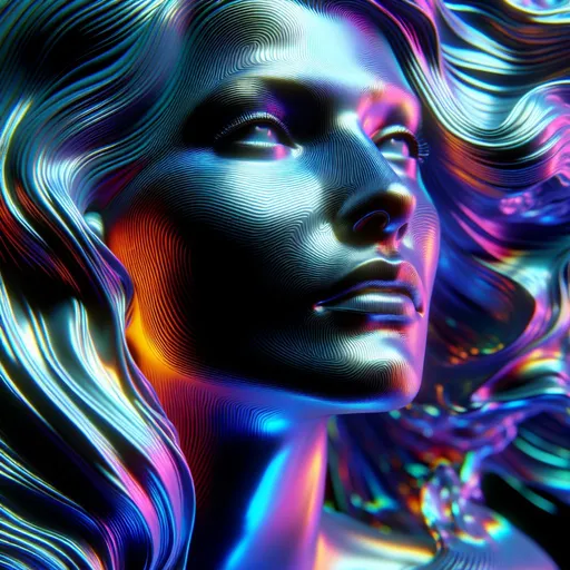 Prompt: Woman's face emerging from holographic sharp colors liquid, 3D rendering, ultra-detailed, high-quality, detailed, liquid simulation, intricate facial features, high contrast, dramatic lighting, background holographic sharp colors liquid liquid sea