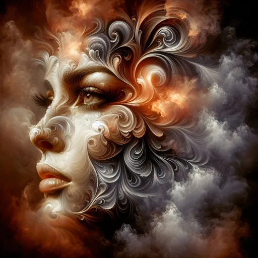 Prompt: woman's face formed from smoke, realistic oil painting, detailed smoke design, high quality, detailed features, surreal, smoke portrait, warm tones, dramatic lighting