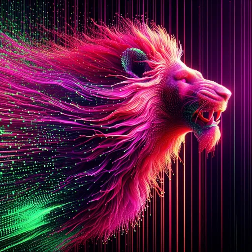 Prompt: 3D body of a roaring lion with magenta mane emerging from a green and magenta dotted matrix, bright colors, high quality rendering, looking to you, surreal, digital art, intense lighting, fiery hues, detailed features, futuristic, abstract, surreal, 3D rendering, variable hues, high energy, dynamic composition